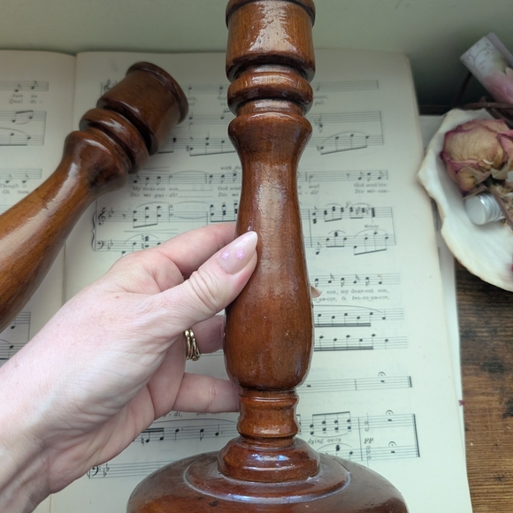 Vintage Pair Brown Wooden Candle Holders - Picture 2 of 7